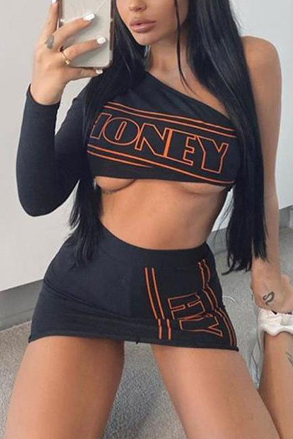 Black Fashion Sexy adult Letter Patchwork Print asymmetrical Two Piece Suits Hip skirt Long Sleeve Two Pieces