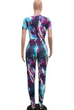 Blue Fashion Casual Print Two Piece Suits pencil Short Sleeve Two Pieces