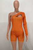 Orange Fashion Sexy Print Plaid Patchwork Hollow Long Sleeve one shoulder collar Rompers