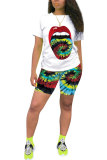 Green Fashion Active Casual Patchwork Print Tie Dye Straight Short Sleeve Two Pieces