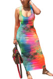 multicolor Sexy Print O Neck Step Skirt Dresses