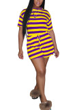 黄色と紫のファッションカジュアルストライプ半袖Oネックロンパース
