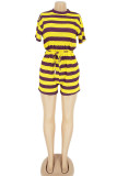 Желто-фиолетовый модный повседневный полосатый комбинезон с короткими рукавами и круглым вырезом