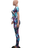purple Fashion Casual Print Two Piece Suits pencil Short Sleeve Two Pieces