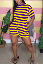 黄色と紫のファッションカジュアルストライプ半袖Oネックロンパース