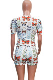 White Fashion Sexy Print Two Piece Suits Straight Short Sleeve Two Pieces