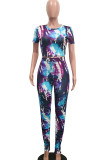 purple Fashion Casual Print Two Piece Suits pencil Short Sleeve Two Pieces