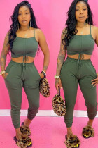 Army Green Cotton Fashion Casual Solid Two Piece Suits pencil Sleeveless Two Pieces