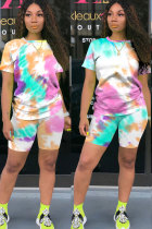 Multi-color Fashion Active Casual Patchwork Print Tie Dye Straight Short Sleeve Two Pieces