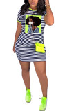 グリーンファッションカジュアルレッドグリーンキャップスリーブ半袖Oネックステップスカートスカートストライププリントドレス