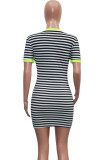 Green Fashion Casual Red Green Cap Sleeve Short Sleeves O neck Step Skirt skirt Striped Print Dresses