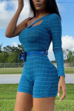 Blauwe mode sexy print geruite patchwork holle rompertjes met lange mouwen en één schouderkraag
