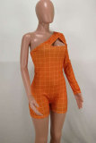 Oranje mode sexy print geruite patchwork holle rompertjes met lange mouwen en één schouderkraag