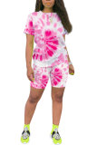Light Pink Fashion Active Casual Patchwork Print Tie Dye Straight Short Sleeve Two Pieces
