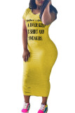 Yellow Fashion pastoral Black Grey Blue Yellow Wine Red Cap Sleeve Short Sleeves O neck Step Skirt Mid-Calf Print Dresses