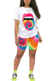 Multi-color Fashion Active Casual Patchwork Print Tie Dye Straight Short Sleeve Two Pieces