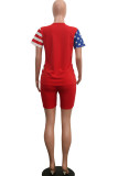 Red Fashion Sexy Striped Print Two Piece Suits Straight Short Sleeve Two Pieces