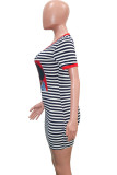 Red Fashion Casual Red Green Cap Sleeve Short Sleeves O neck Step Skirt skirt Striped Print Dresses