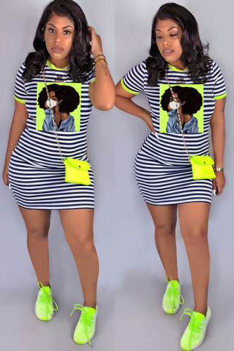 Green Fashion Casual Red Green Cap Sleeve Short Sleeves O neck Step Skirt skirt Striped Print Dresses