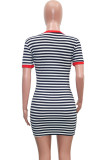 Red Fashion Casual Red Green Cap Sleeve Short Sleeves O neck Step Skirt skirt Striped Print Dresses