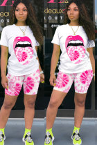 Pink Fashion Active Casual Patchwork Print Tie Dye Straight Short Sleeve Two Pieces