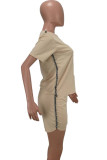 Khaki Fashion Sexy Patchwork Solid Two Piece Suits Straight Short Sleeve Two Pieces