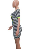 グリーンファッションカジュアルレッドグリーンキャップスリーブ半袖Oネックステップスカートスカートストライププリントドレス