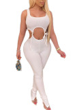 ホワイトファッションカジュアル包帯ソリッドノースリーブOネックジャンプスーツ