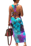 multicolore Sexy Print O Neck Step Jupe Robes