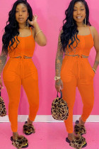 Orange Cotton Fashion Casual Solid Two Piece Suits pencil Sleeveless Two Pieces