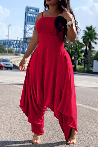 Red Fashion Sexy Patchwork Solid Sleeveless Slip Jumpsuits
