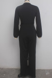 Black Green Sexy Solid Button Long Sleeve O Neck Jumpsuits