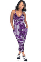 paarse sexy mode-print mouwloze slip-jumpsuits