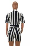 Blue Fashion Sexy Striped Print Patchwork Short Sleeve V Neck Front Tie Rompers