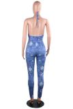 Blue Sexy Fashion Print Backless Patchwork Sleeveless O Neck Jumpsuits