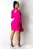 rose red Sexy Cap Sleeve Long Sleeves O neck Step Skirt skirt Solid Long Sleeve Dresses