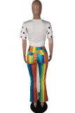 Pantalon coupe botte en patchwork imprimé à rayures mi-longues élastique multicolore