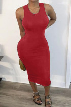 Red Fashion Solid Backless Asymmetrical O Neck Asymmetrical Dresses