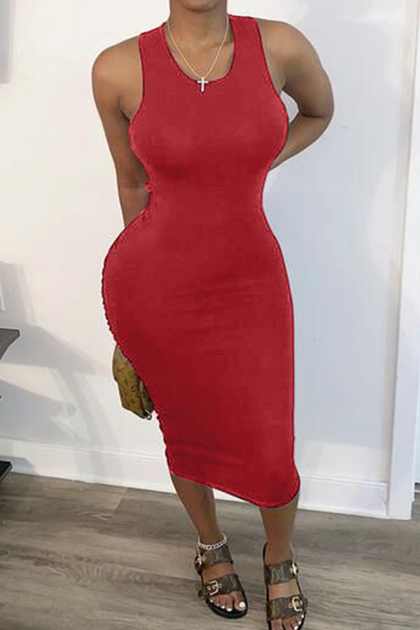 Красные модные однотонные асимметричные платья с открытой спиной и круглым вырезом