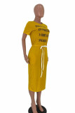 Yellow Fashion Casual Black Grey Pink Yellow Cap Sleeve Short Sleeves O neck Step Skirt Mid-Calf Print Character Dresses