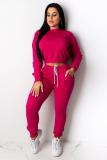rose red Casual Fashion adult Bandage Two Piece Suits Solid Straight Long Sleeve Two-piece Pants S
