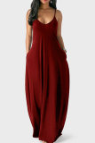 rose red Milk. Fashion Sexy Casual Spaghetti Strap Sleeveless Slip Princess Dress Floor-Length Solid Dresses