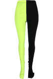 Blue Fluorescent green Wine Red Elastic Fly Sleeveless Mid Patchwork Solid Split Straight Pants Bottoms