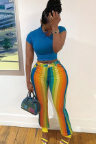 Pantalon coupe botte en patchwork imprimé à rayures mi-longues élastique multicolore