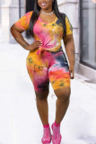 Rosa Fashion Sweet O Neck Patchwork Stampa Tie Dye Abiti in due pezzi Cuciture Plus Size