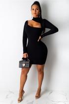 Black Sexy Cap Sleeve Long Sleeves O neck Step Skirt skirt Solid Long Sleeve Dresses