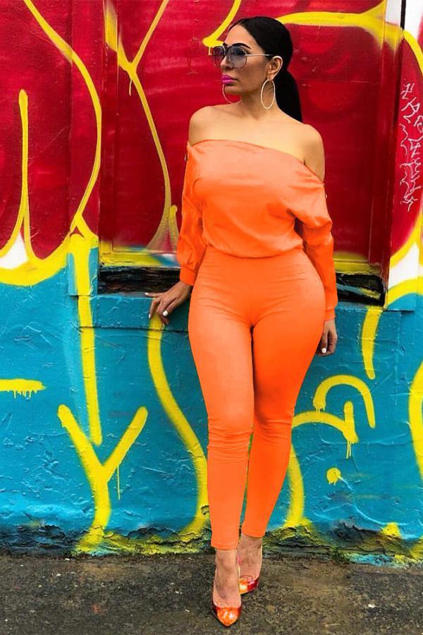 Orange Casual dragkedja Solid långärmad jumpsuits med ett ord krage