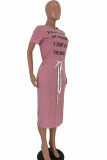 Pink Fashion Casual Black Grey Pink Yellow Cap Sleeve Short Sleeves O neck Step Skirt Mid-Calf Print Character Dresses
