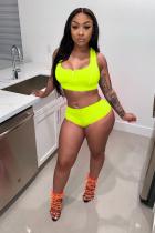 Fluorescent green Sexy Fashion Zippered Solid Two Piece Suits asymmetrical Slim fit crop top Skinny Sleevele