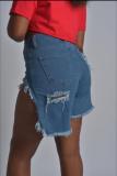 Hellblaue Skinny-Shorts mit Knöpfen und hohem Loch, einfarbig, asymmetrisch, geteilt